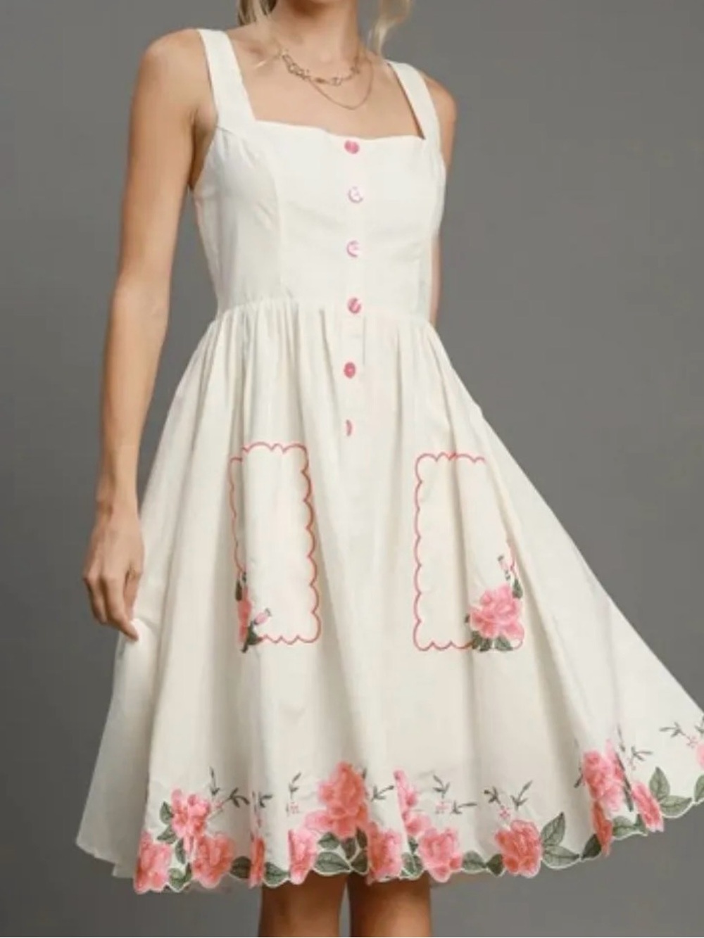 Sleeveless White Sundress with Pink Floral Embroidery